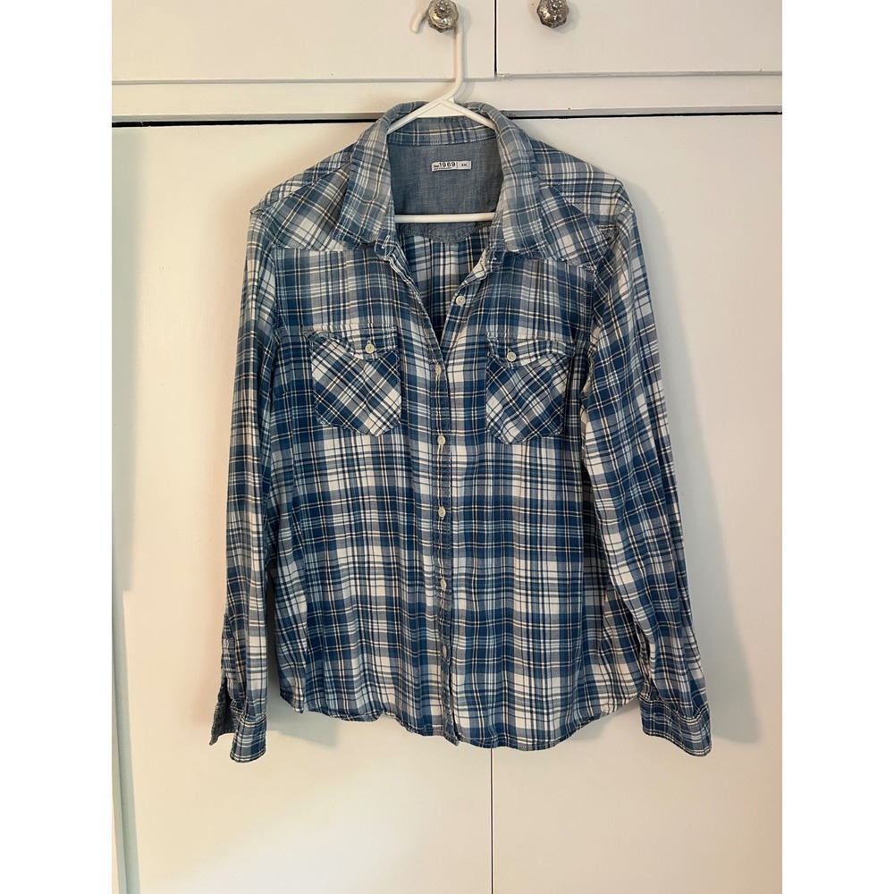 Gap 1969 Womens XXL Blue Plaid Western Button Down Shirt 100% Cotton 243794-00